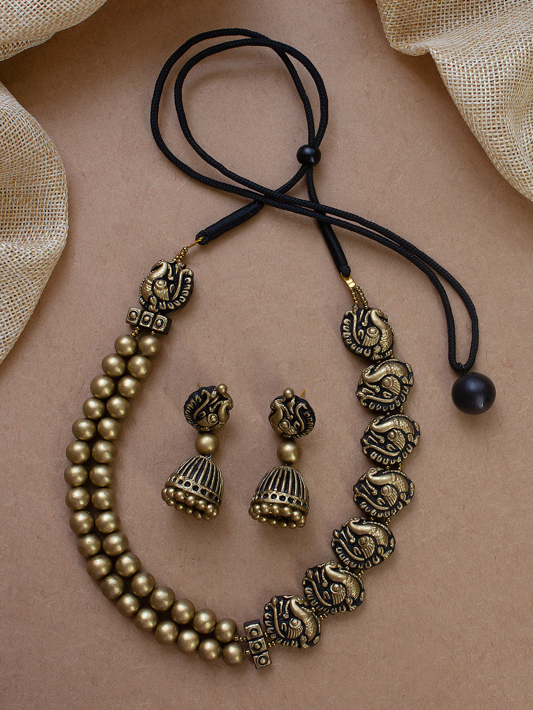 Mayuri - Asymmetric Design Peacock and Two Layered Beads Terracotta Necklace Set