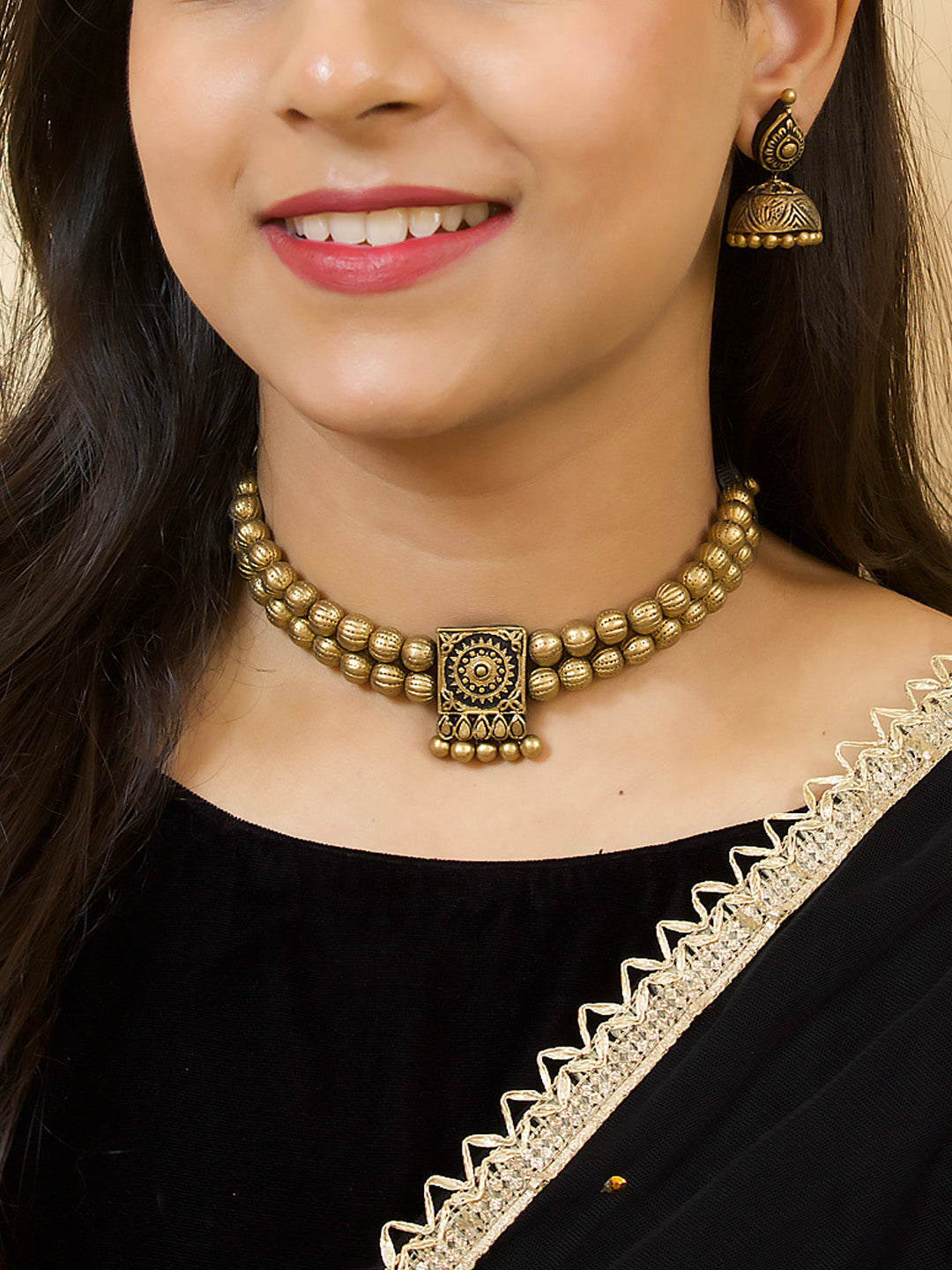 Antique Gold Two Layered Victorian Choker Terracotta Necklace Set