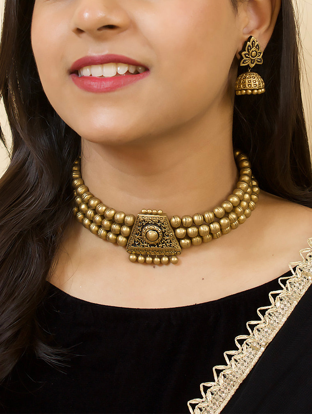 Antique Gold Three Layered Victorian Choker Terracotta Necklace Set