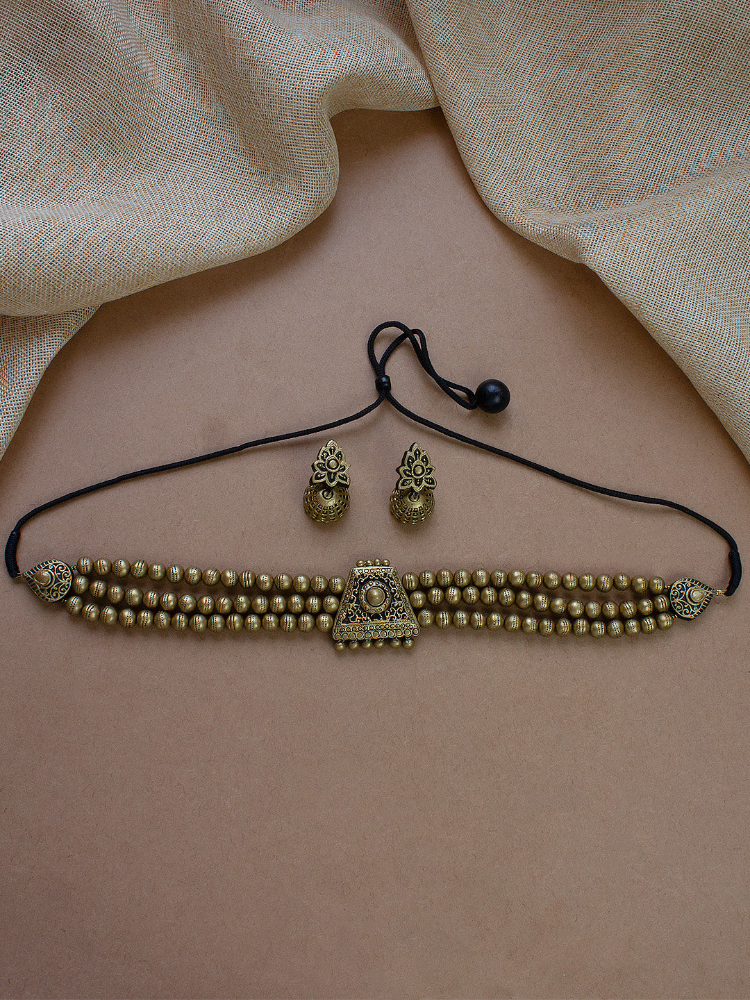 Antique Gold Three Layered Victorian Choker Terracotta Necklace Set