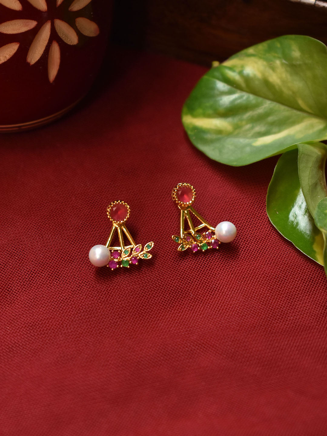 High Quality Gold Plated Pink And Green Color CZ Stones And Ruby Stones Leaf Design Stud Earring