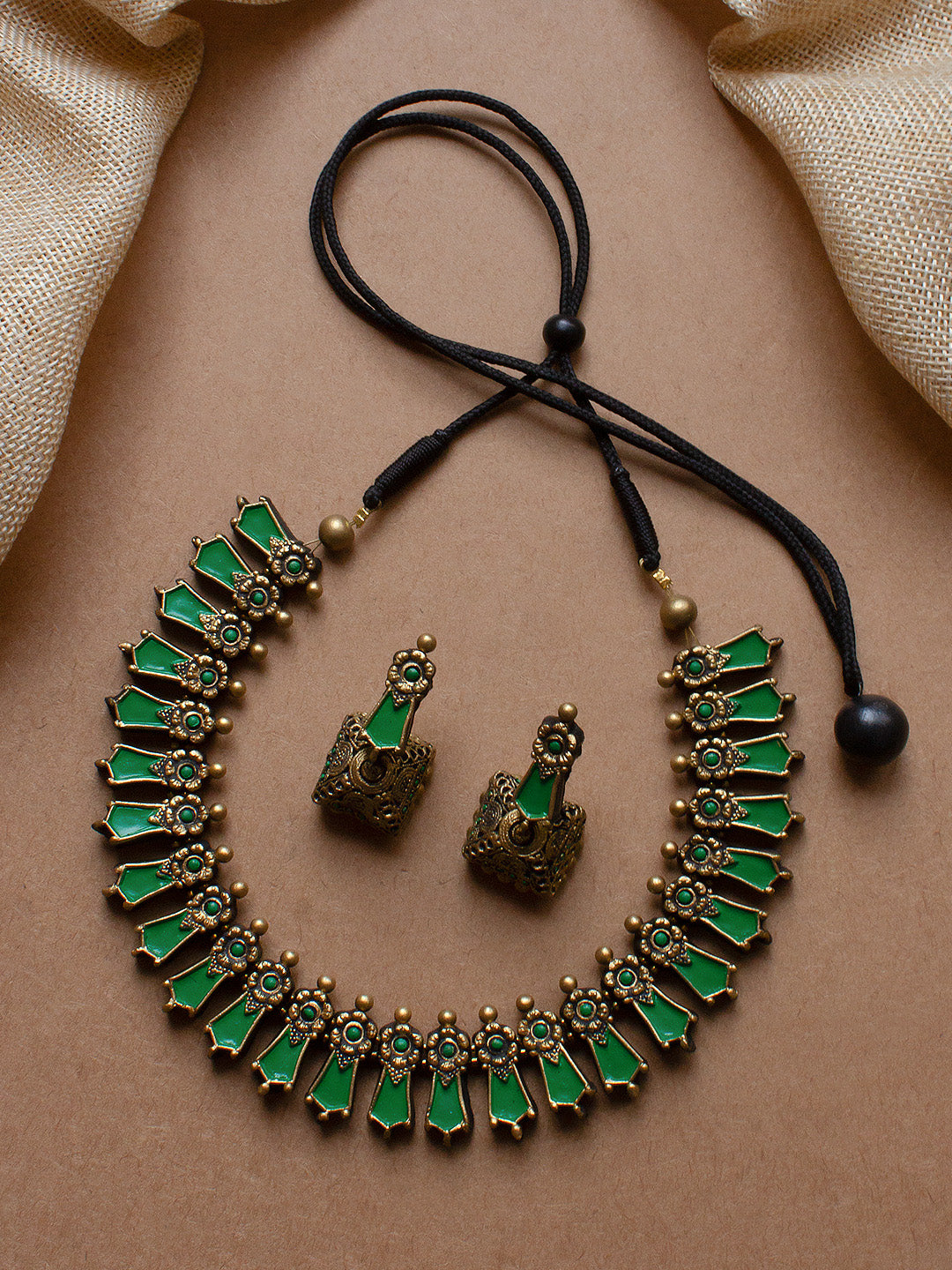 Antique Gold Green Fringe Design Handmade Terracotta Necklace Set