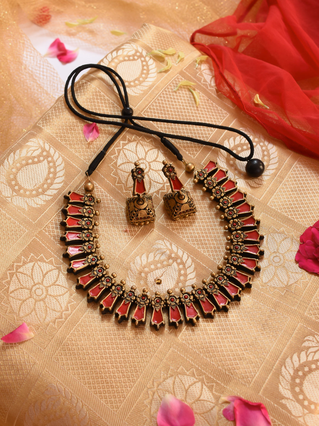 Antique Gold Red Fringe Design Handmade Terracotta Necklace Set