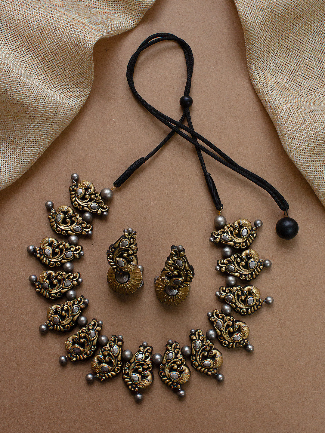 Antique Gold Silver Peacock Design Handmade Terracotta Necklace Set