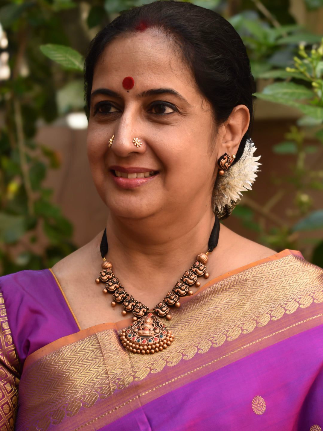 Rose Gold Red Green Lakshmi Design Temple Terracotta Necklace Set