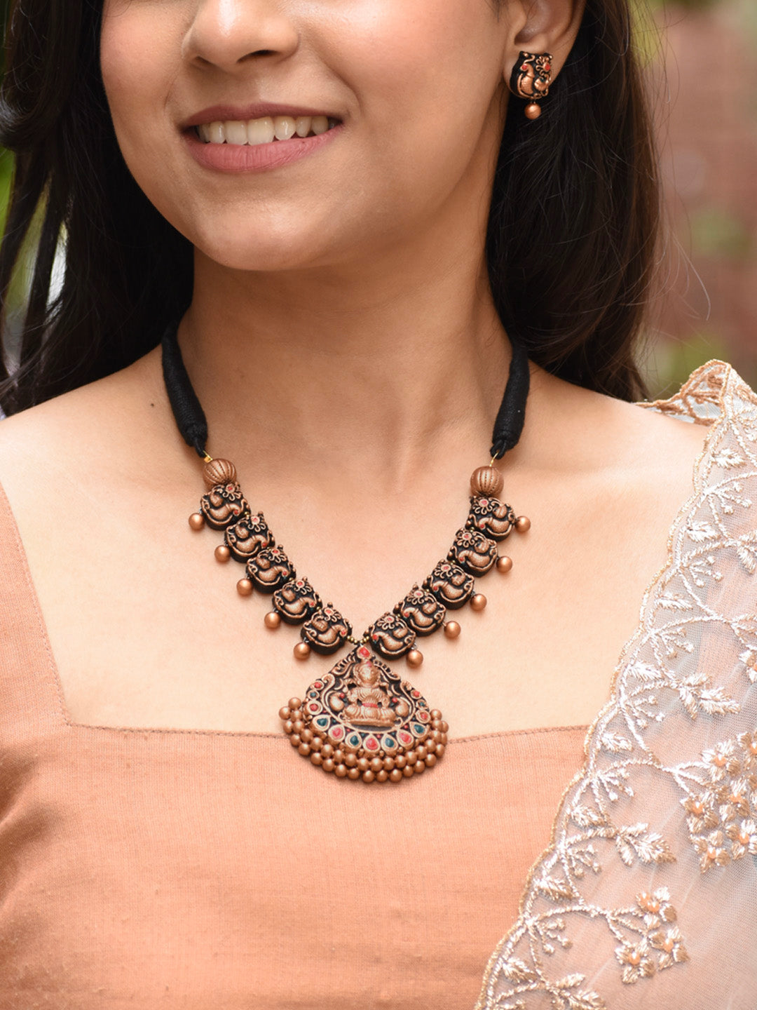 Rose Gold Red Green Lakshmi Design Temple Terracotta Necklace Set