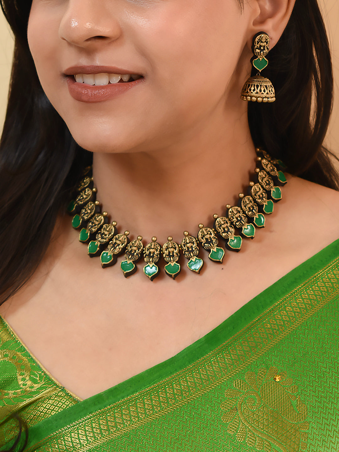 Antique Gold Green Lakshmi Design Temple Terracotta Necklace Set