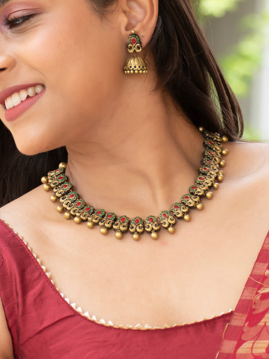 Antique Gold Red Green Floral Peacock Design Handmade Terracotta Necklace Set