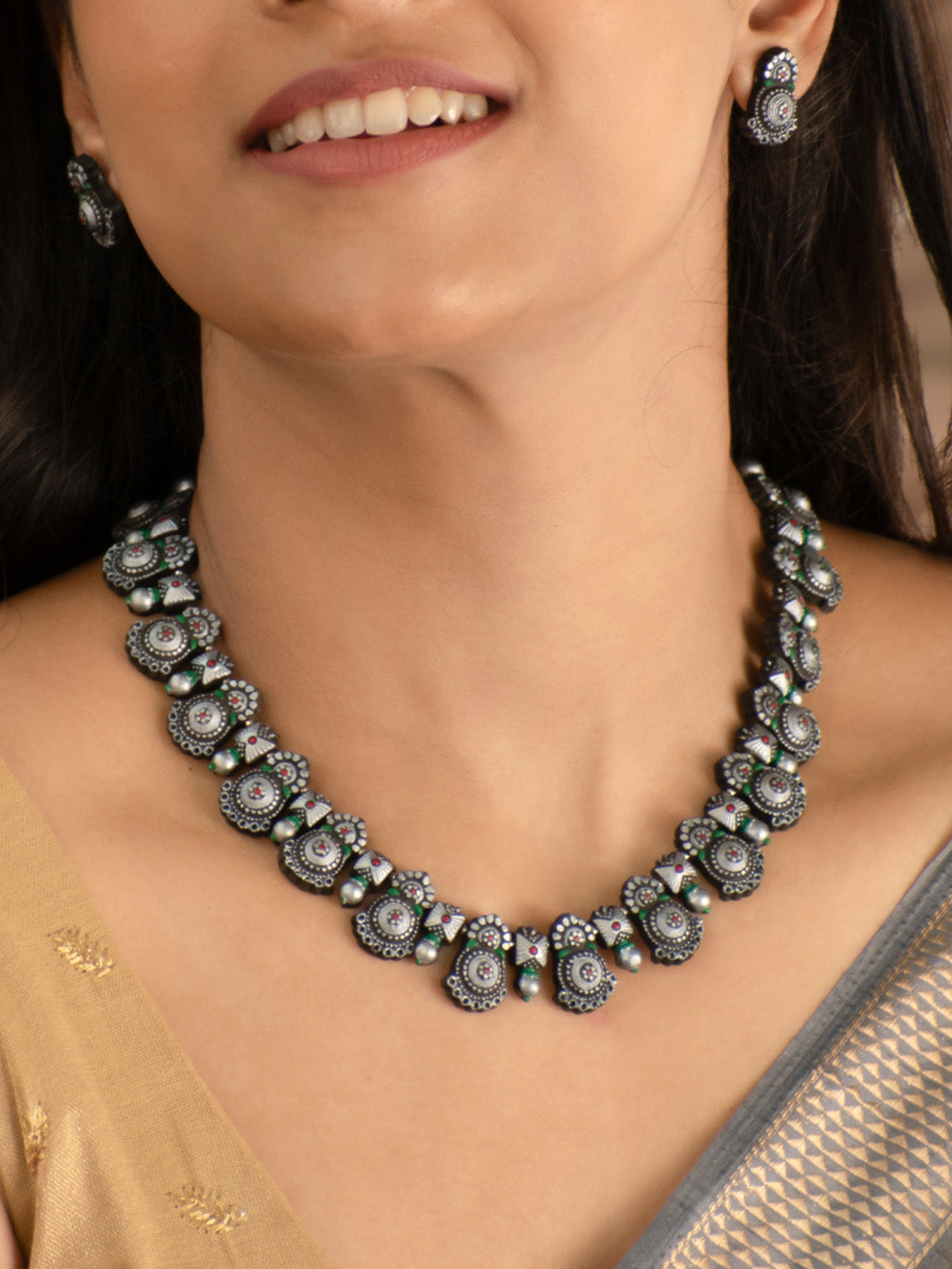 Antique Silver Red Green Meenakari Art Engraved Work Handmade Terracotta Necklace Set