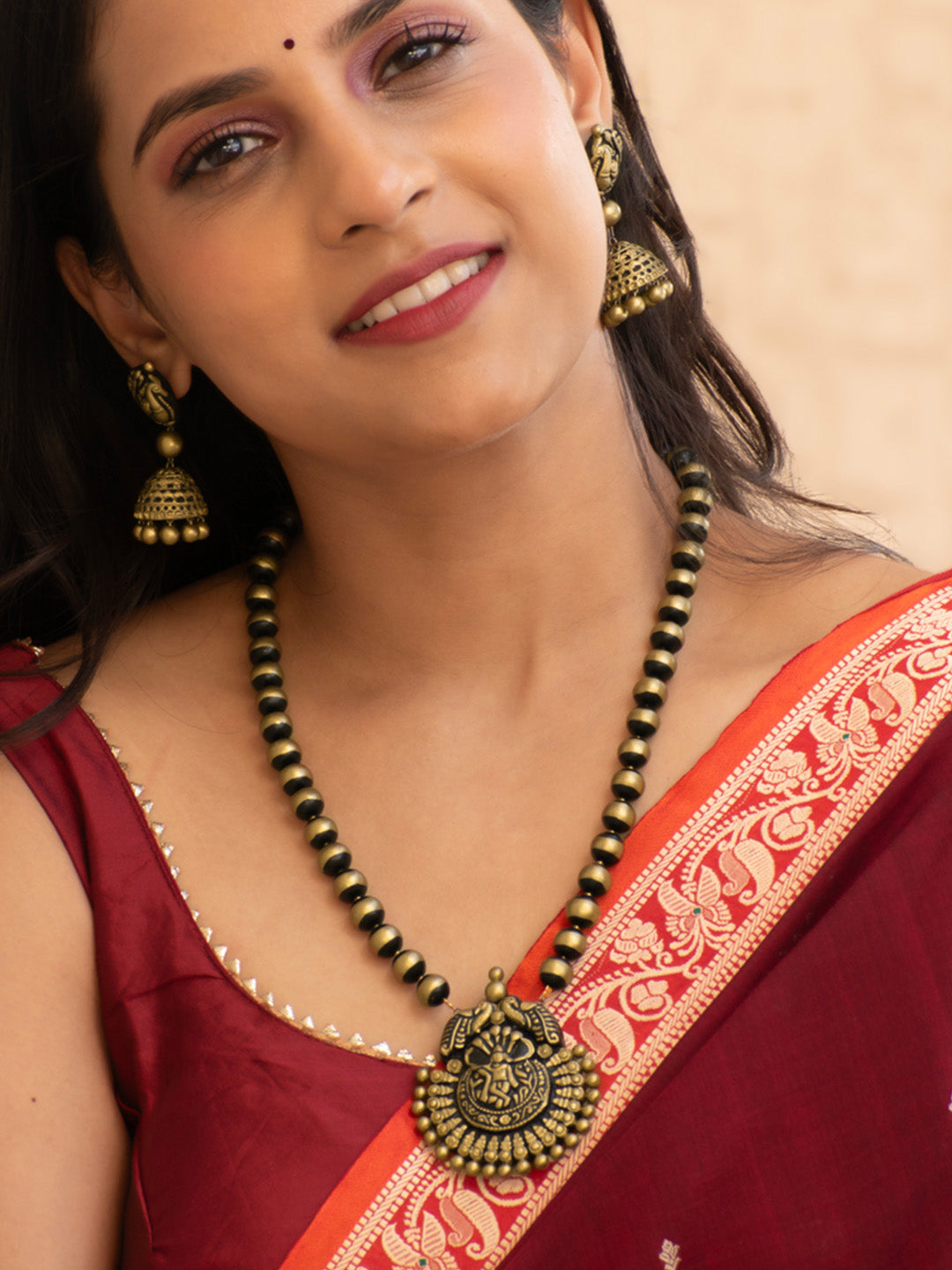 Antique Gold Gopalkrishna Peacock Pendant Mala Design Handmade Terracotta Necklace Set