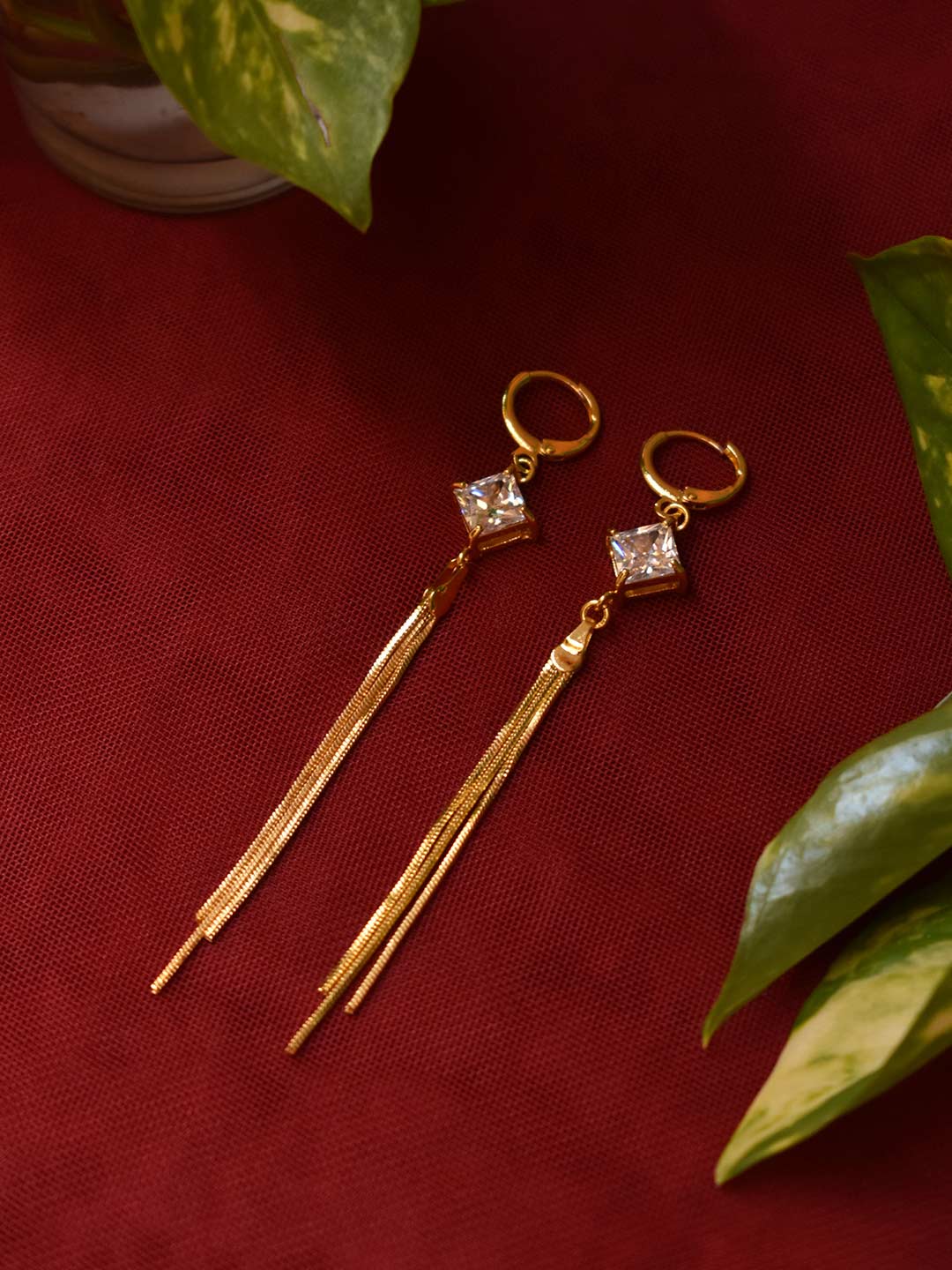 Gold Plated Rhombu Design With Hanging Gold Color Chains Dangler Earring