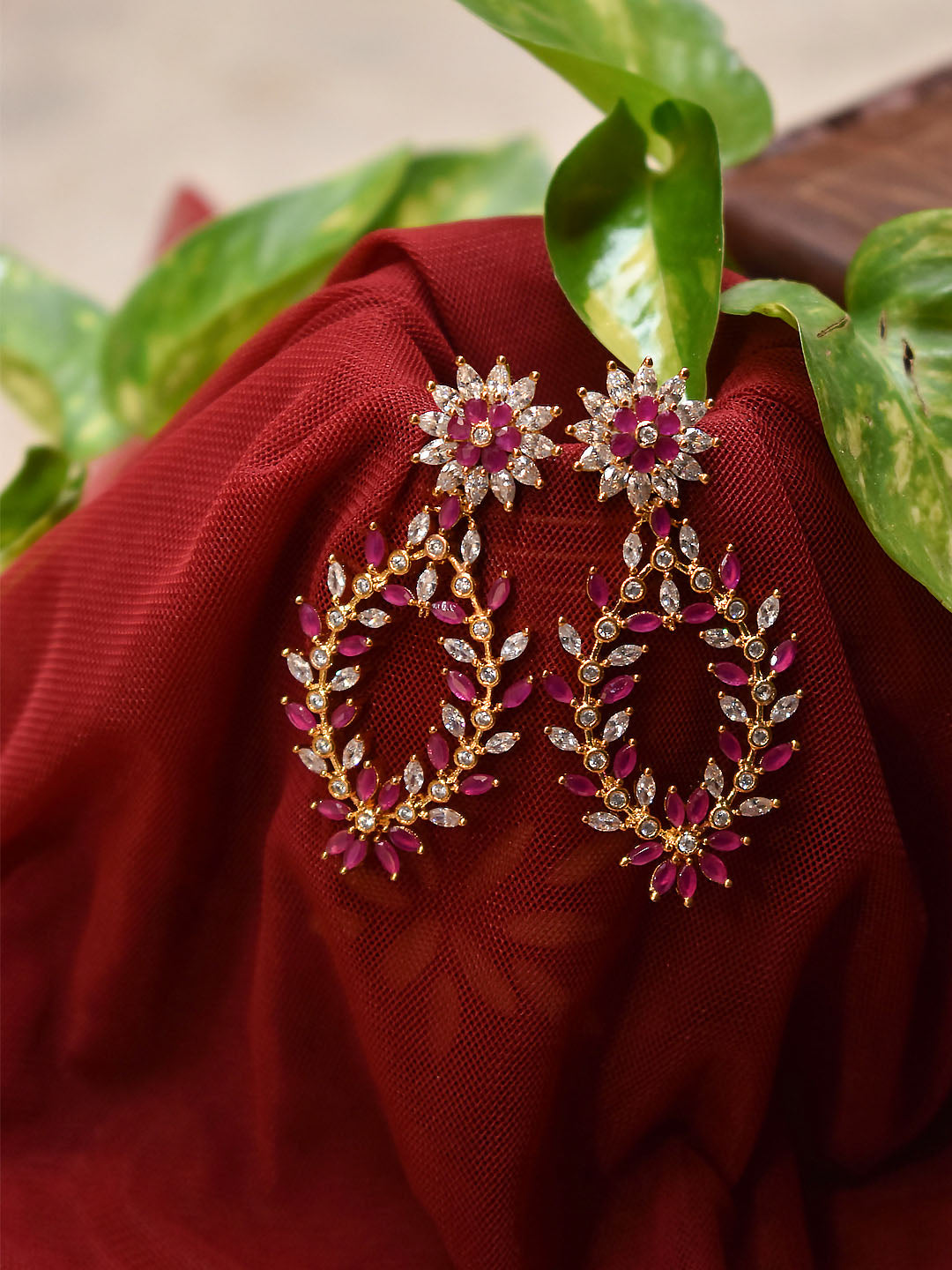 Avismaya Gold Plated Pink And White Color Stones Floral Design Dangler Earrings