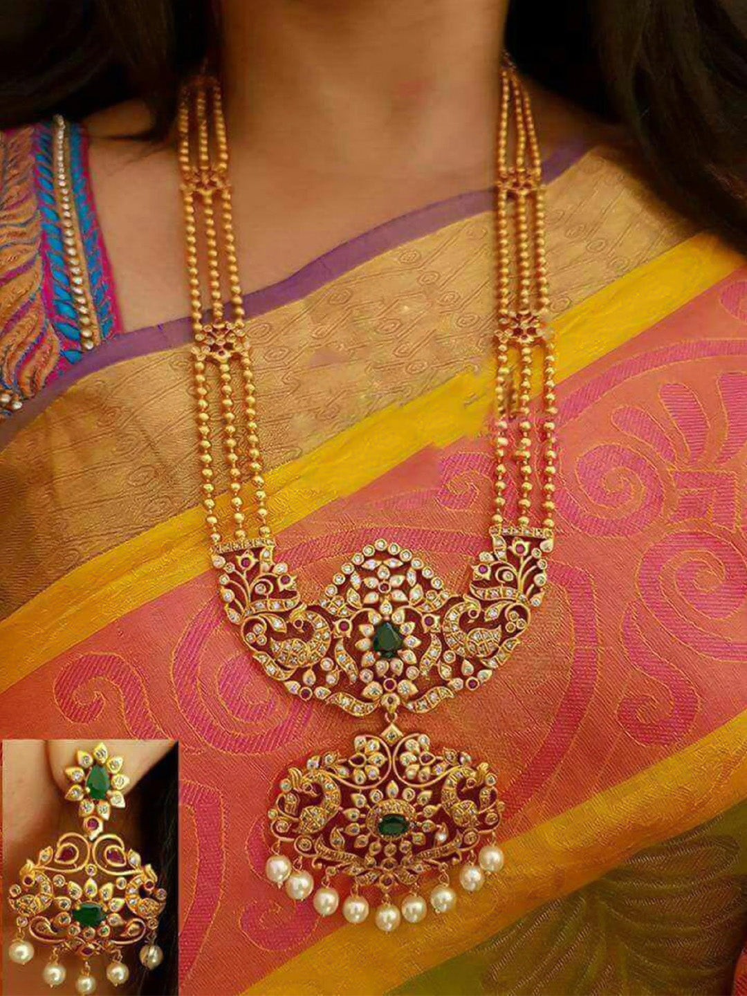 Rich Gold Plated American Diamond Bridal Necklace Set with Pearls in Green stones Classic Peacock design