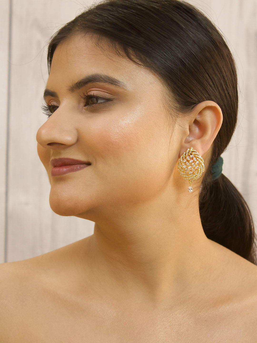 Avismaya Gold Plated Floral Design American Diamond Stone Drop Earring