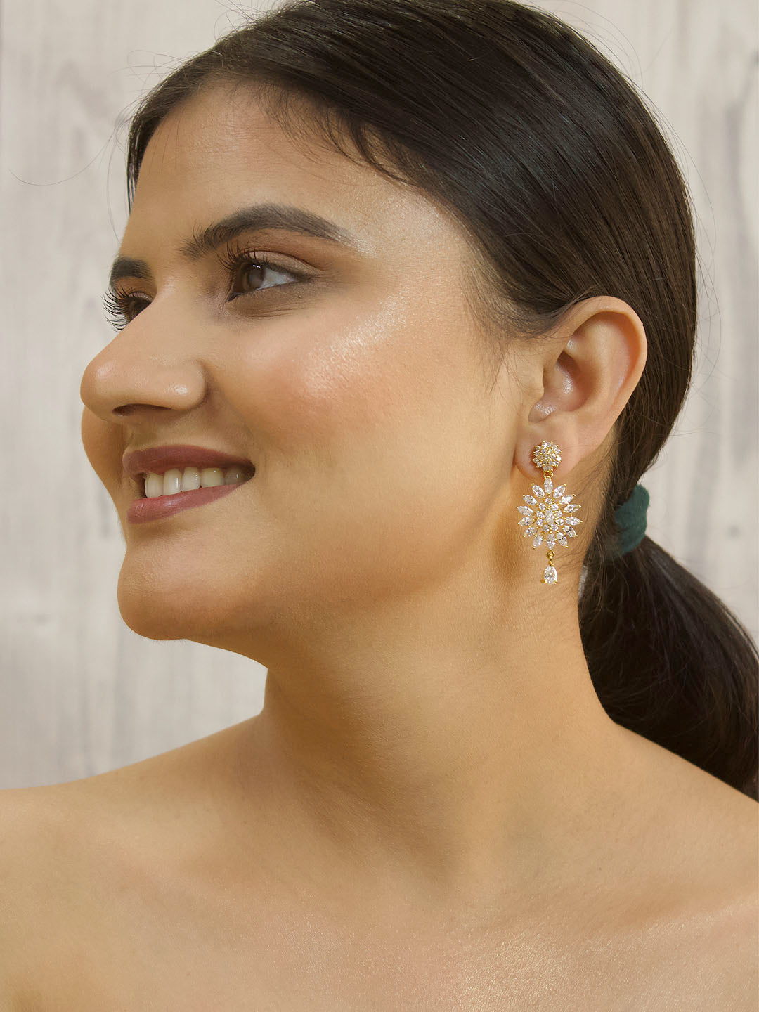 Avismaya Gold Plated Floral Design American Diamond Stone Drop Earring