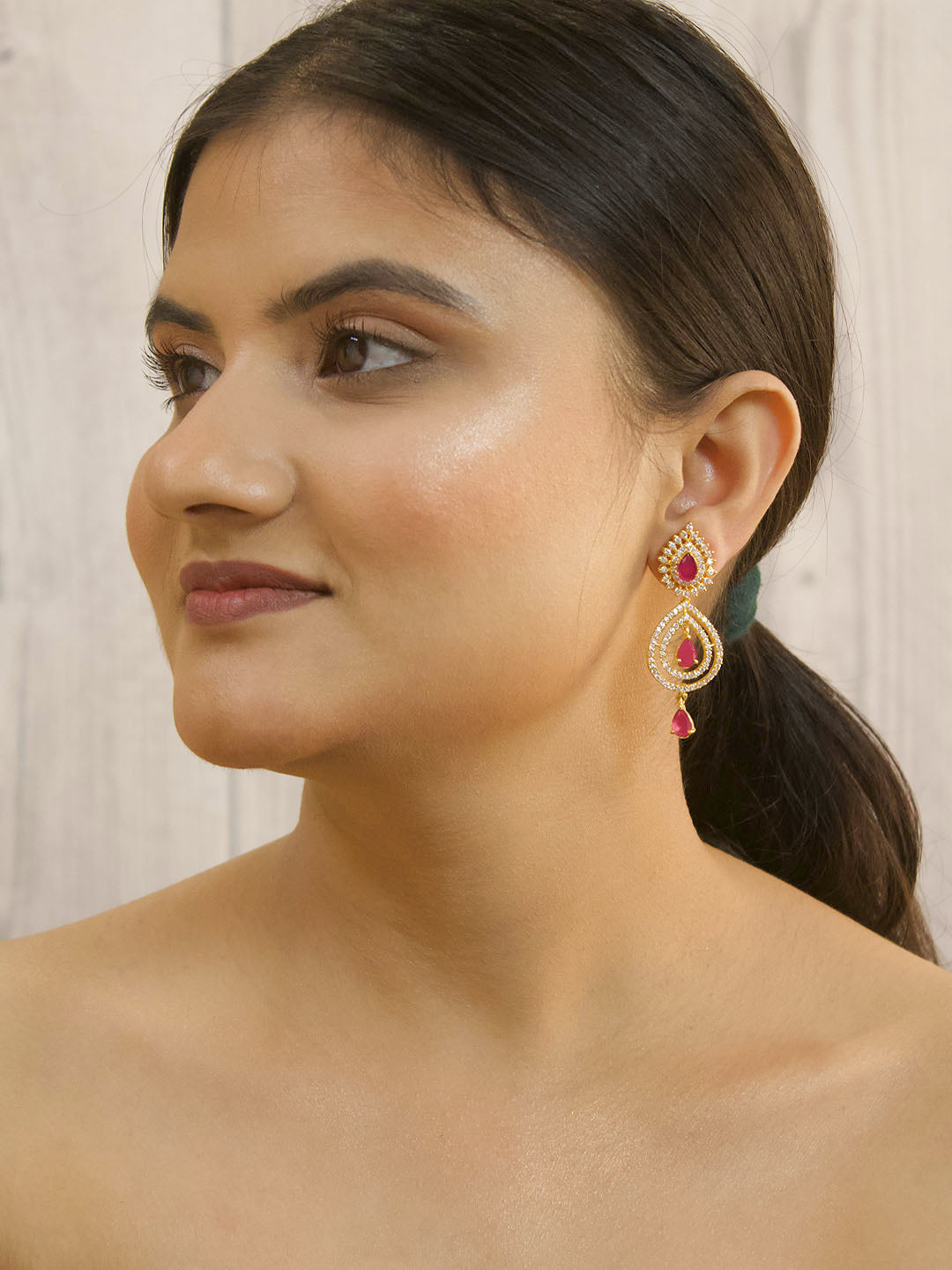 Avismaya Gold Plated Floral Design American Diamond Stone Drop Earring