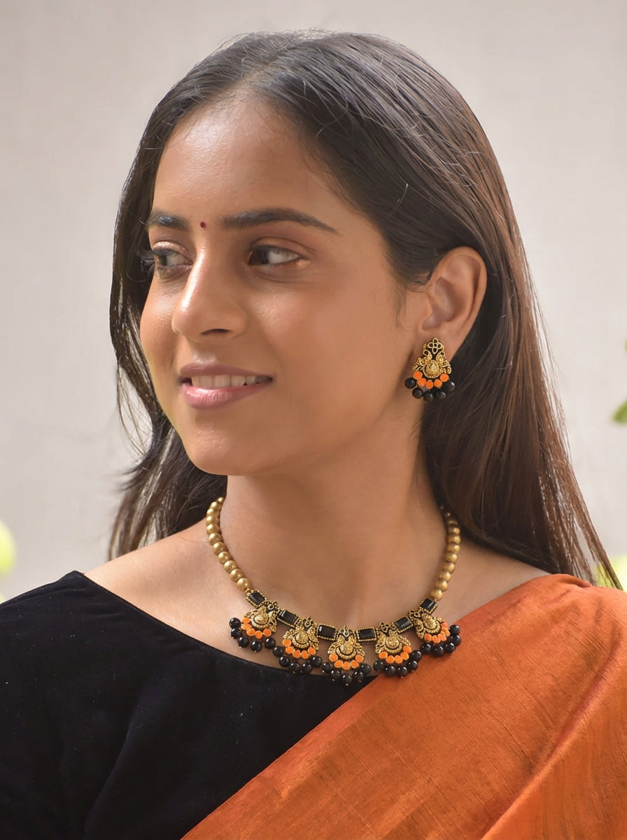 Ansika — Mayura Terracotta Necklace Set with Black and Orange