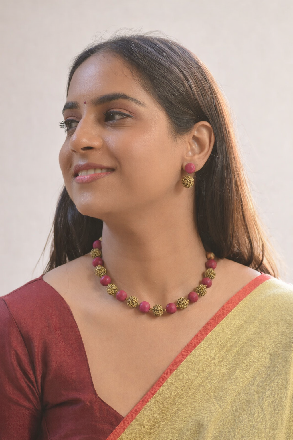 Takurain — Terracotta Lava Beads Raani Pink & Antique Gold Choker Necklace Set With Danglers