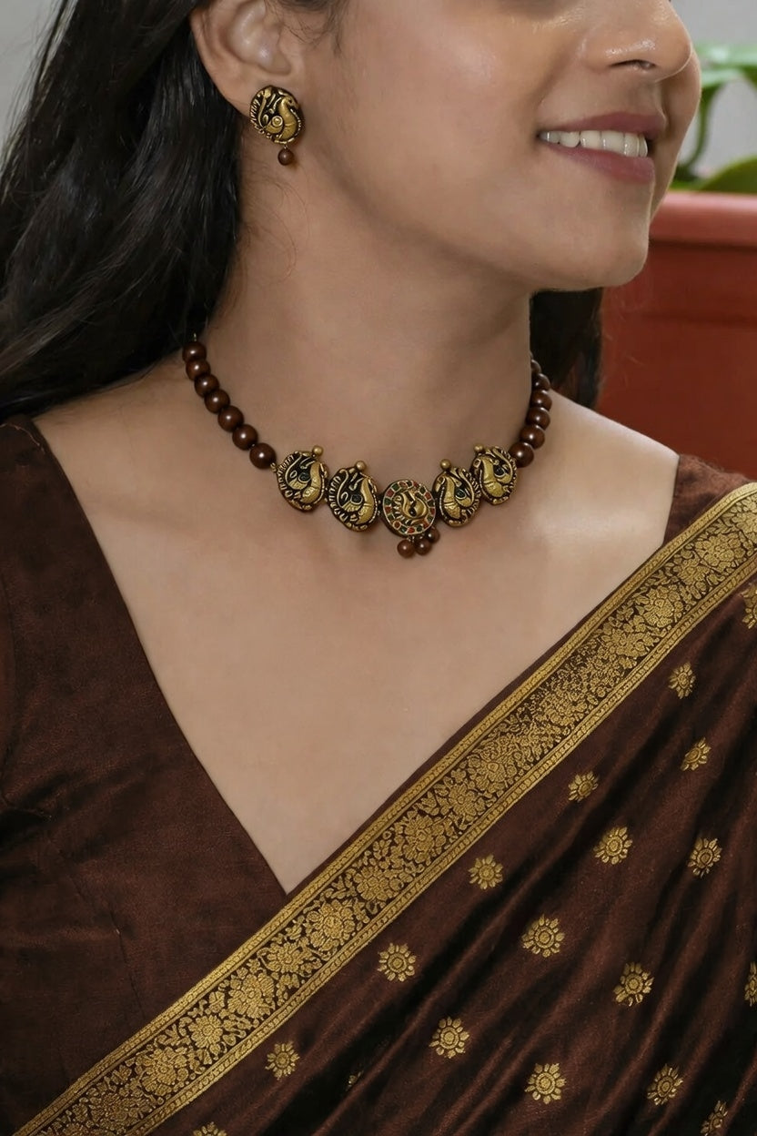 ChocoTaos 🤎 — Antique Gold / Chocolate Brown Beaded Peacock Motifs Choker Set