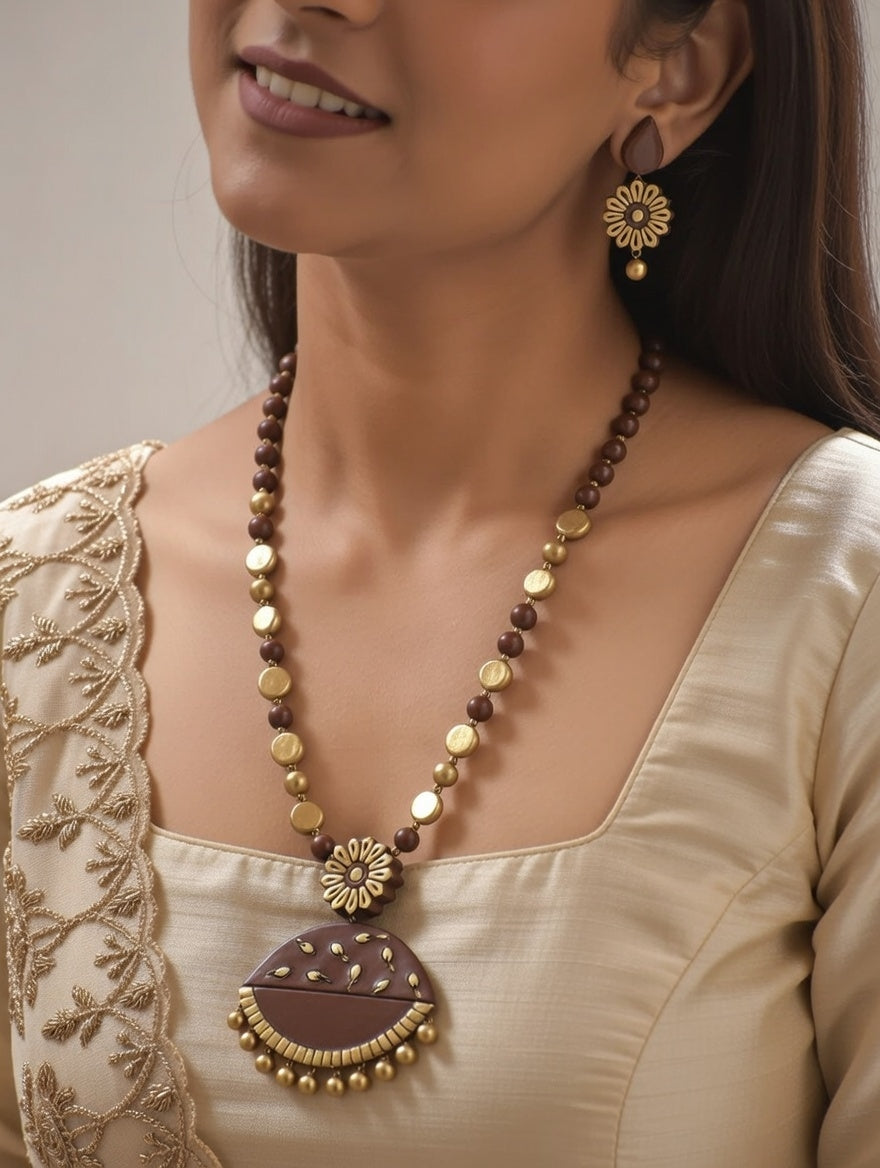 Mrittika Bloom 🤎 — Handcrafted Terracotta Floral Statement Necklace Set in Earthy Brown & Antique Gold
