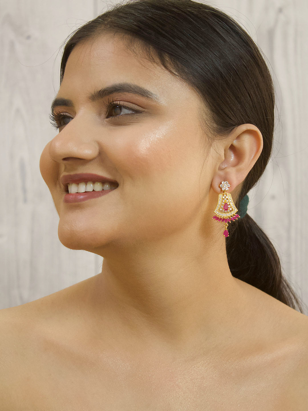 Avismaya Gold Plated Floral Design American Diamond Stone Drop Earring