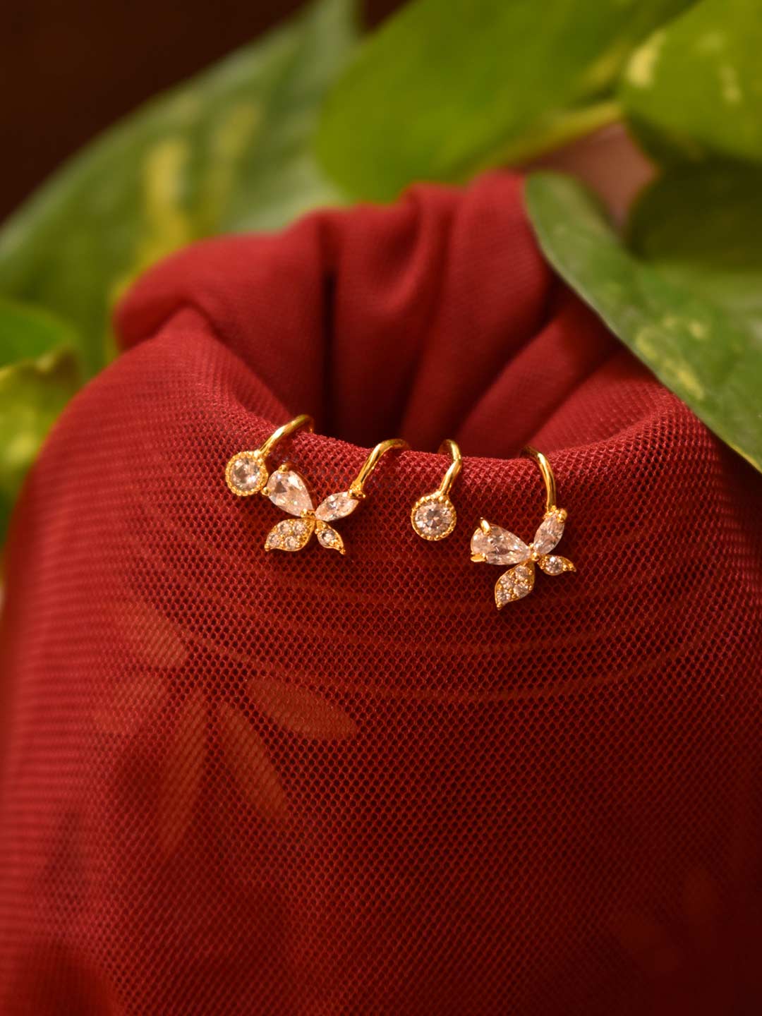 Gold Plated Floral And Circle Design Cz Stones Clip On Earring