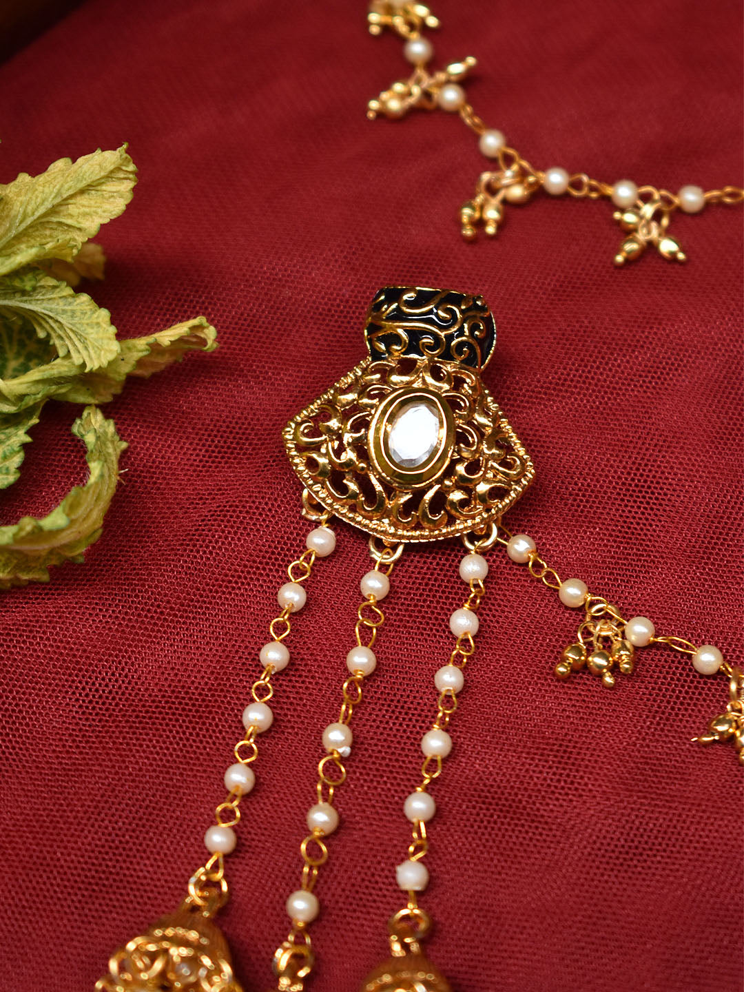 Traditional Gold Plated Black Enamel Painted Pot Design Stud With Layered Pearls Hanging Jhumkas Hair Chain Bahubali Earrings