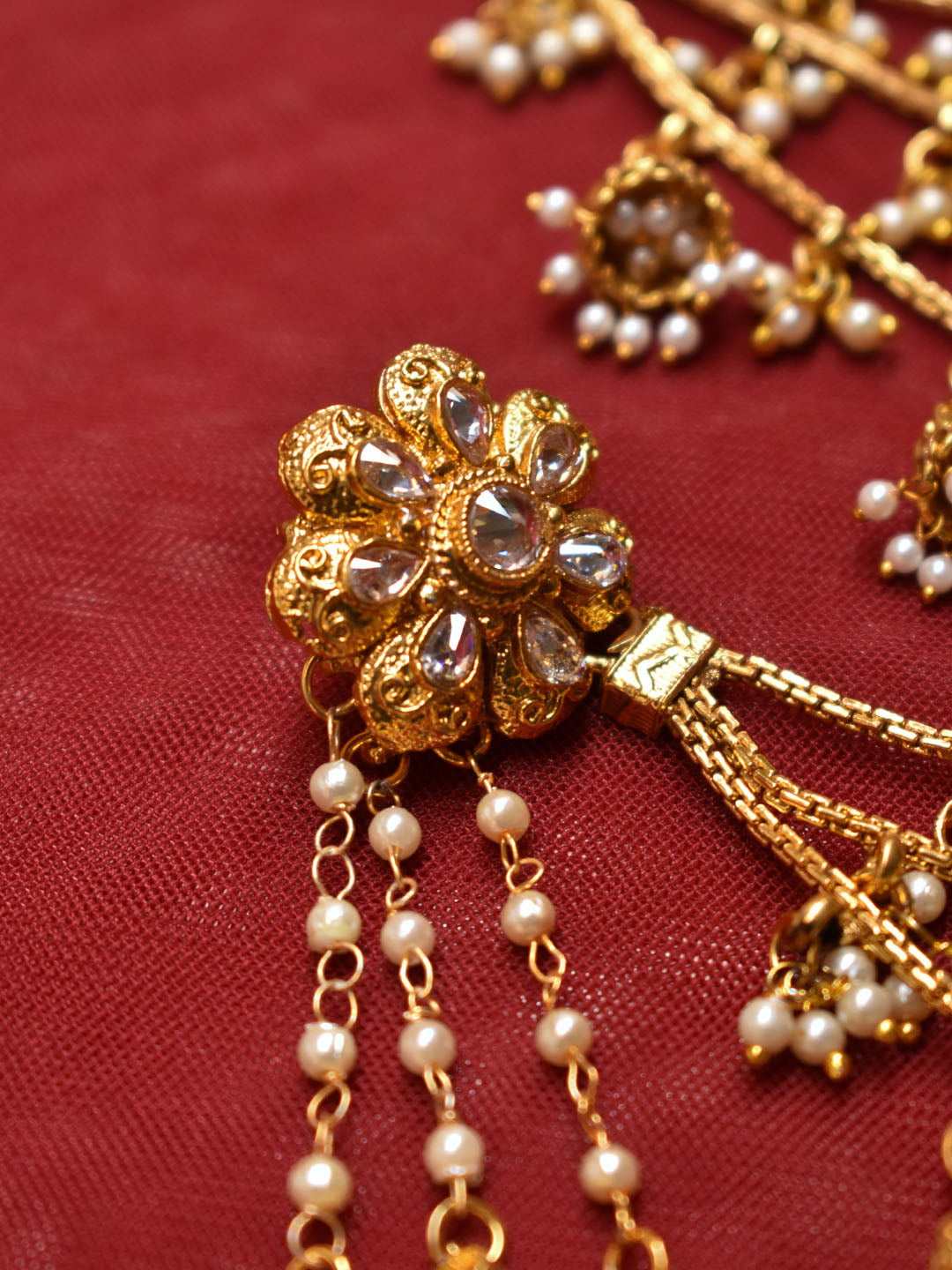 Traditional Gold Plated Floral Design Stud With Three Layered Pearls Hanging Jhumkas Hair Chain Bahubali Earrings