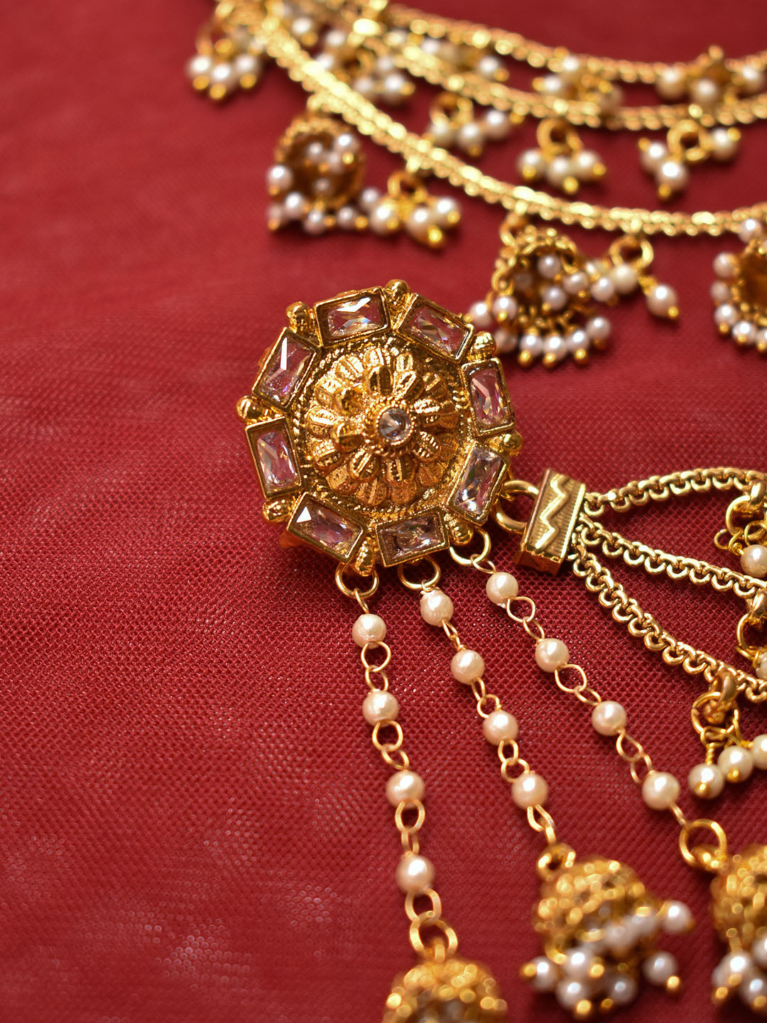 Traditional Gold Plated Floral Design Stud With Three Layered Pearls Hanging Jhumkas Hair Chain Bahubali Earrings