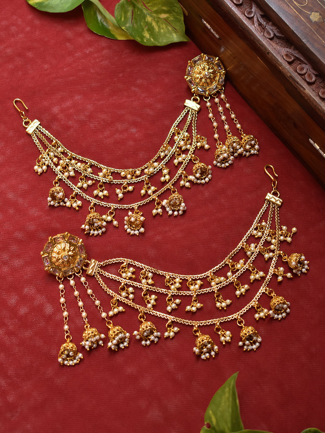 Traditional Gold Plated Floral Design Stud With Three Layered Pearls Hanging Jhumkas Hair Chain Bahubali Earrings