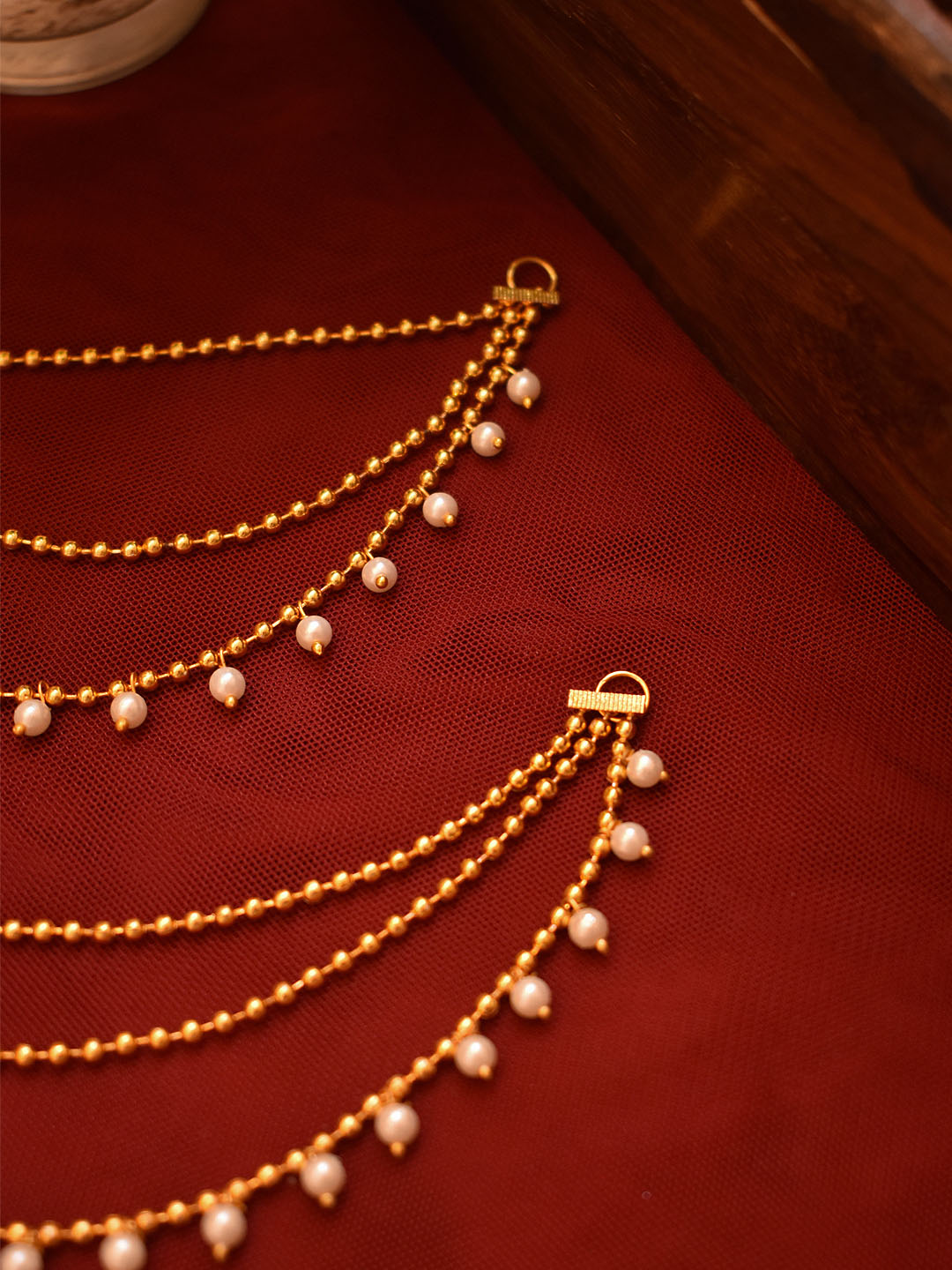 Avismaya High Quality Gold Plated Ball Chain With Hanging Pearls Three Layered Mati