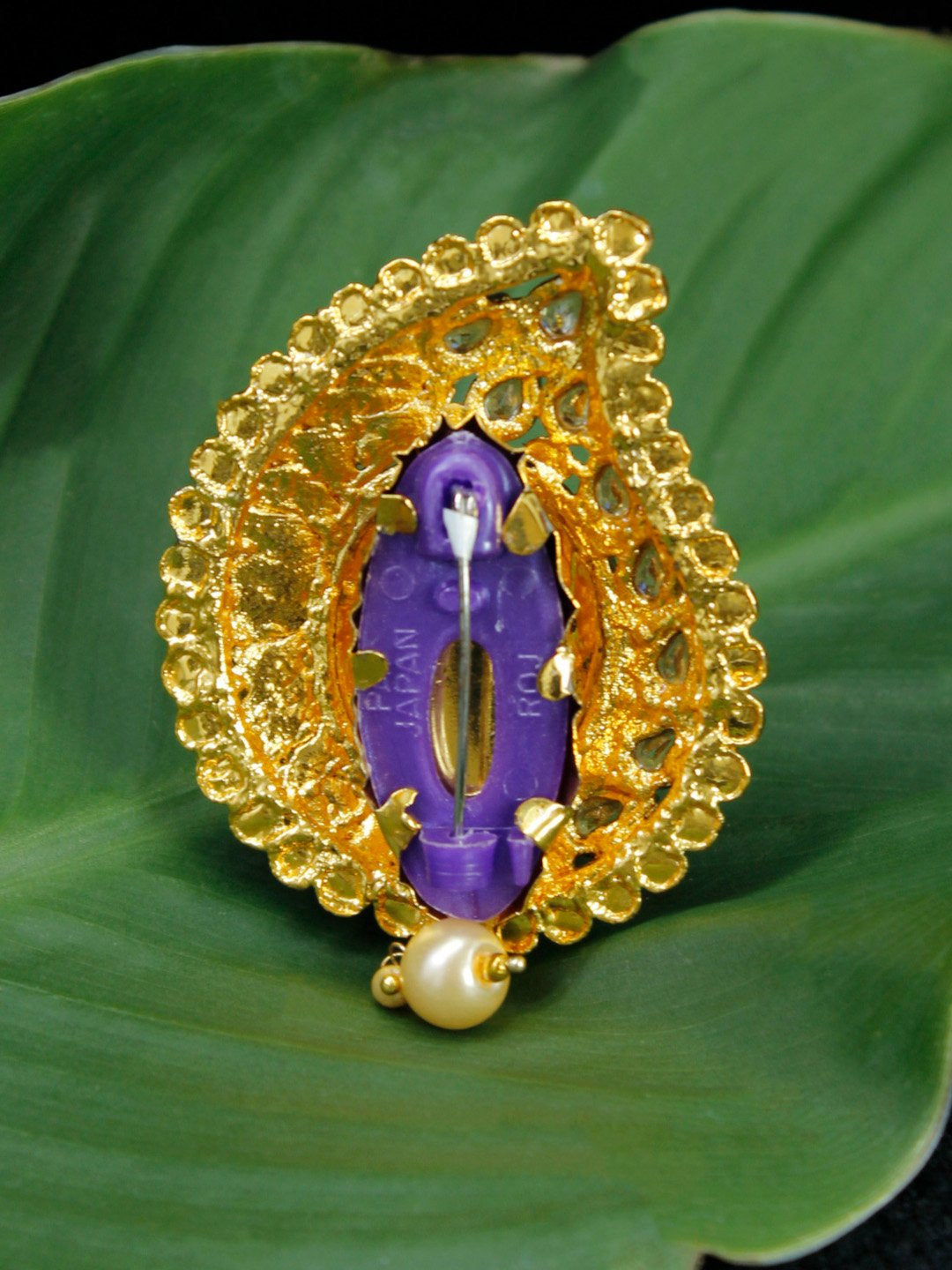 Gold Plated Leaf Shape White Stone with White Pearl Dropping Saree Pin