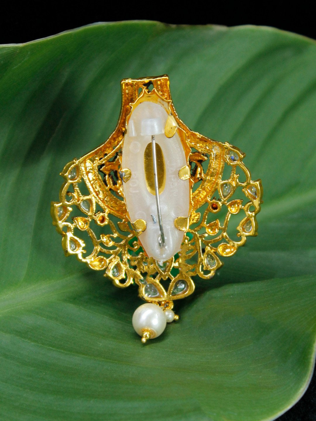 Gold Plated Tear Shape White Stone with White Pearl Dropping Saree Pin