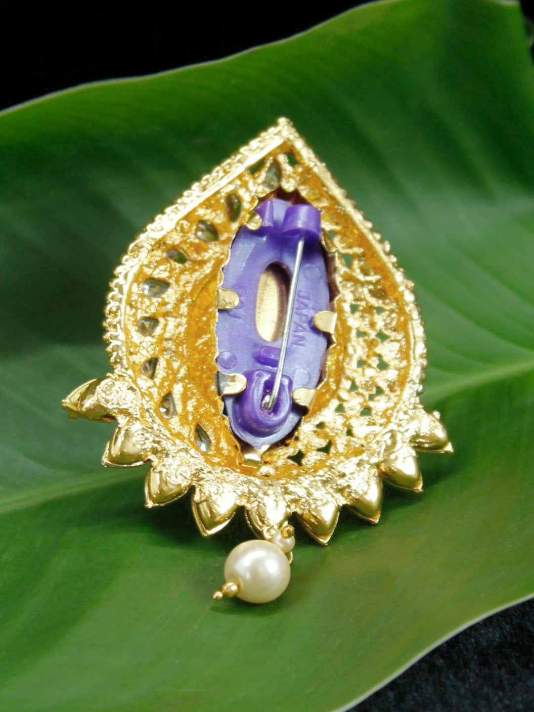 Gold Plated Tear Shape White Stone with White Pearl Dropping Saree Pin