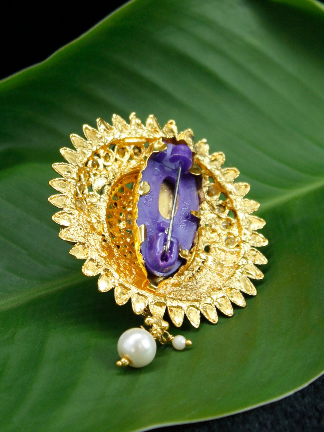 Gold Plated Round Shape White Stone with White Pearl Dropping Saree Pin