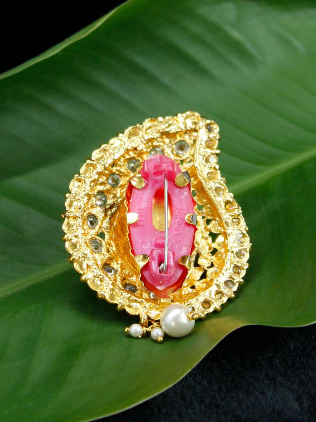 Gold Plated Tear Shape White Stone with Black Enamel and White Pearl Droppings Saree Pin