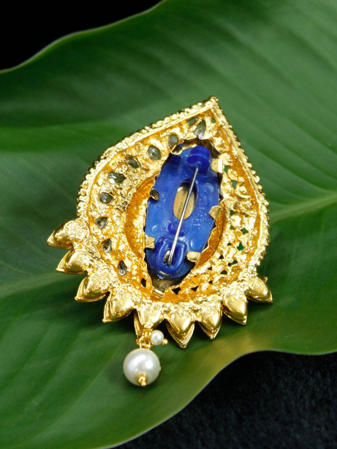 Gold Plated Tear Shape White Stone with White Pearl Dropping Saree Pin