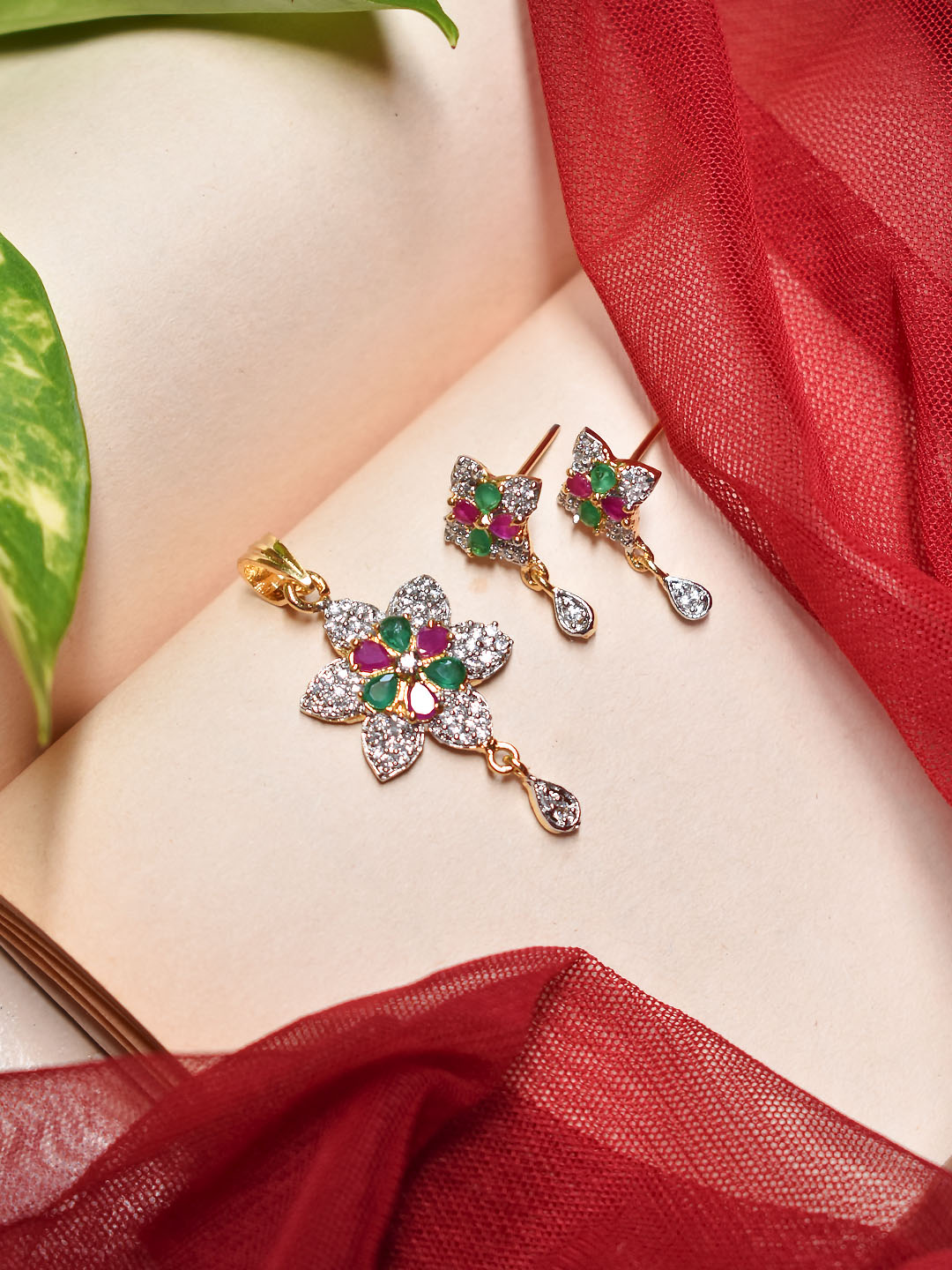 Avismaya Gold Plated CZ Stones Floral Design Pink And Green Color Pendant Set