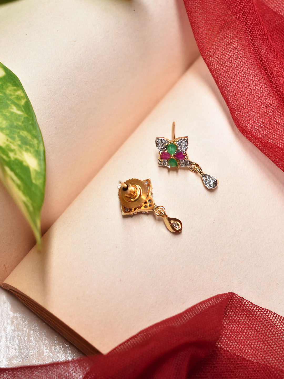 Avismaya Gold Plated CZ Stones Floral Design Pink And Green Color Pendant Set