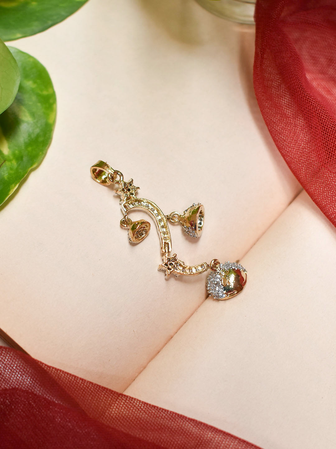 Avismaya Gold Plated Floral Design CZ Stones With Hanging Jhumkas Pendant Set