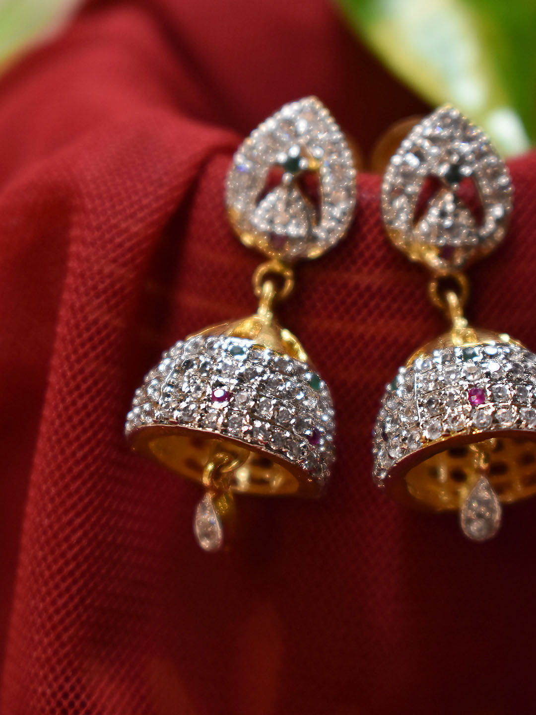 High Quality Gold Plated CZ Stones Tear Drop Design Jhumka Earring