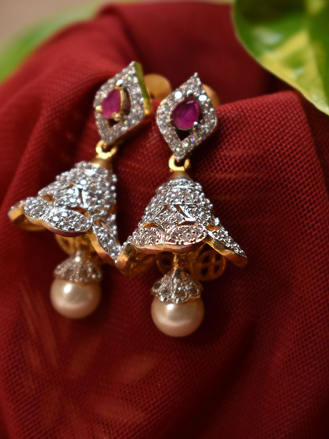 High Quality Gold Plated Rhombus Shape Stud With CZ Stones And Ruby Stone Jhumka Earring