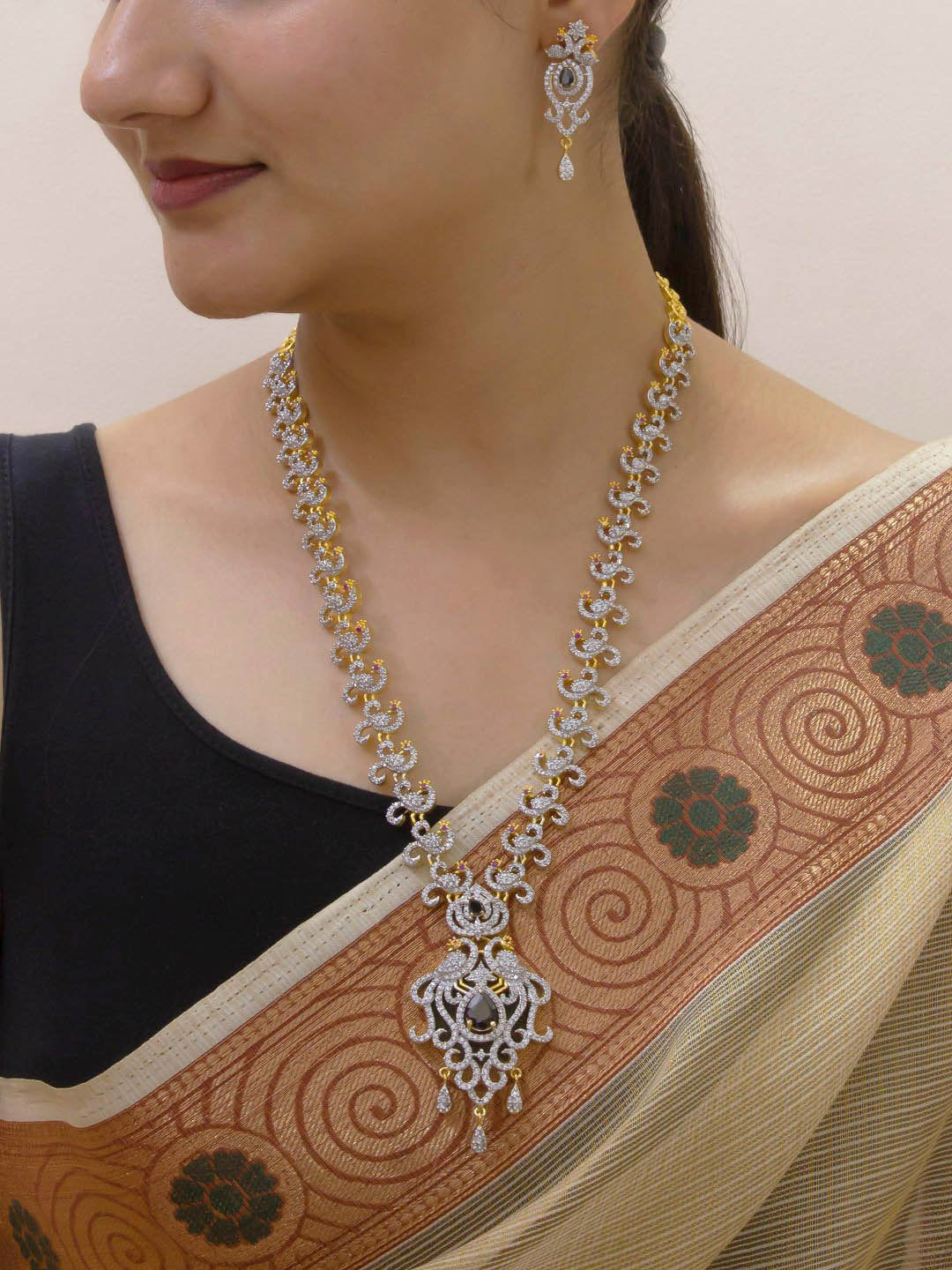 Avismaya Gold Plated Peacock Design With American Diamond Stone And Ruby Stones Medium Necklace Set