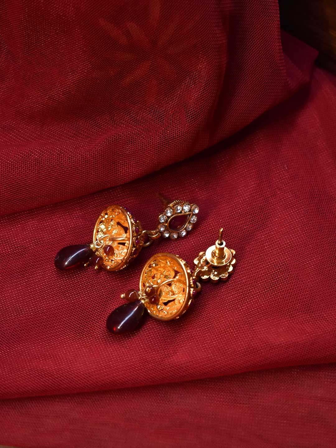 Gold Plated Tear Drop Design Stud Maroon And White Color Stones With Hanging Beads Jhumka Earring