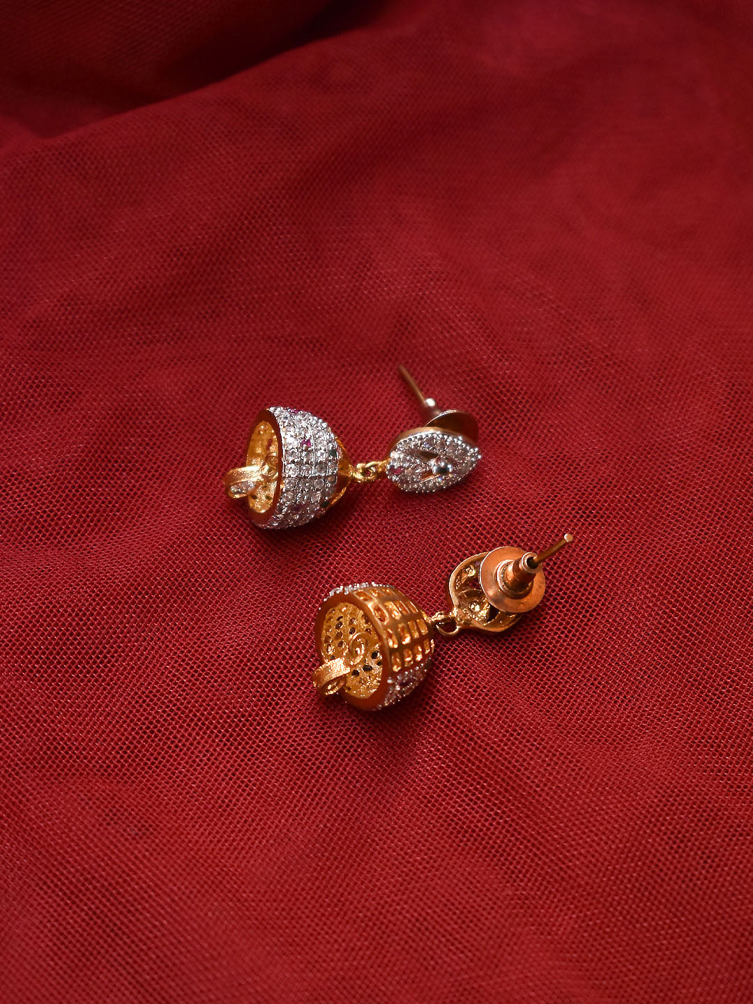 Gold Plated Tear Drop Design CZ Stones Jhumka Earring