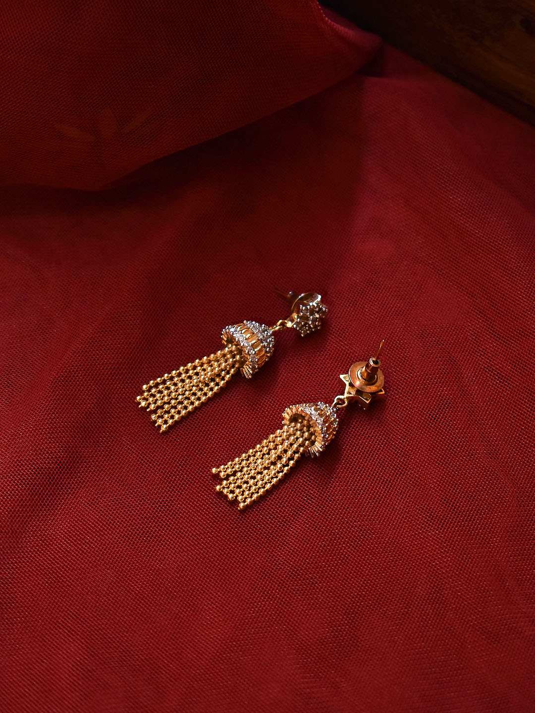 Gold Plated Floral Design CZ Stone With Hanging Chains Jhumka Earring