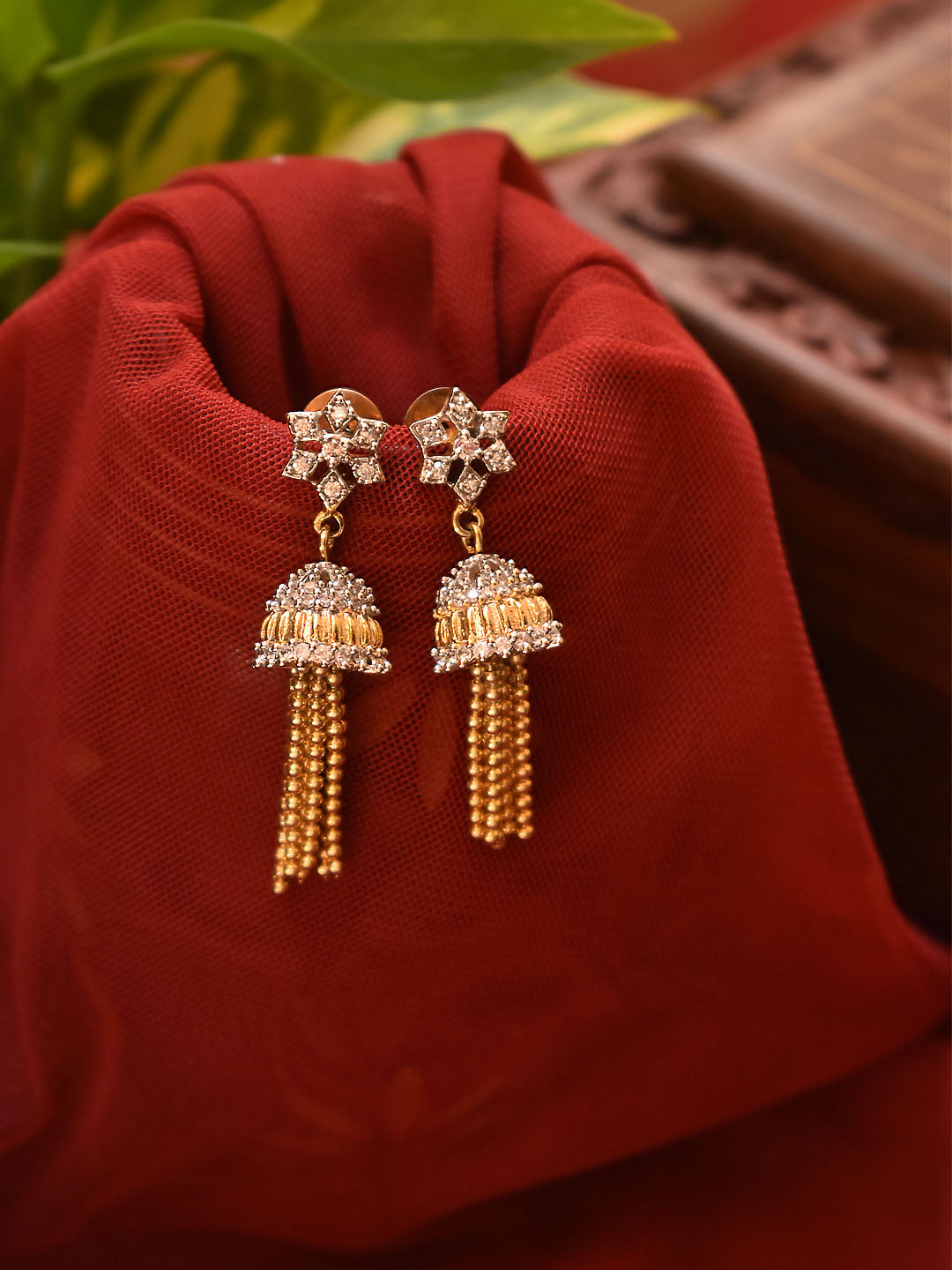 Gold Plated Floral Design CZ Stone With Hanging Chains Jhumka Earring