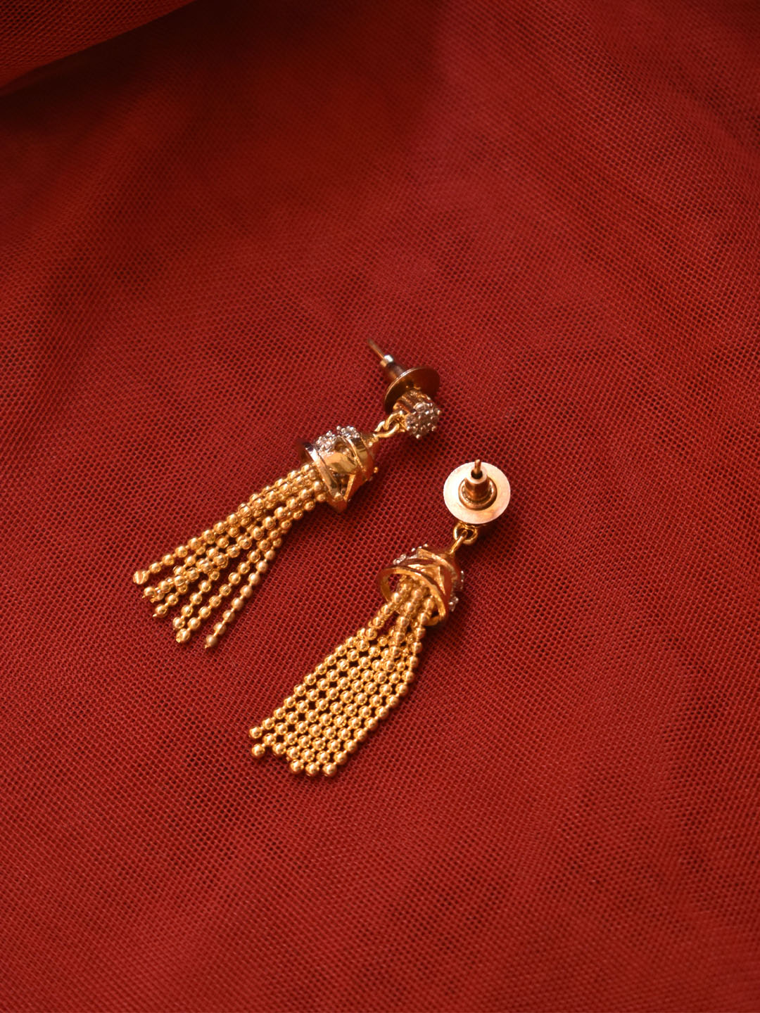 Gold Plated Circular Design CZ Stone With Hanging Chains Jhumka Earring