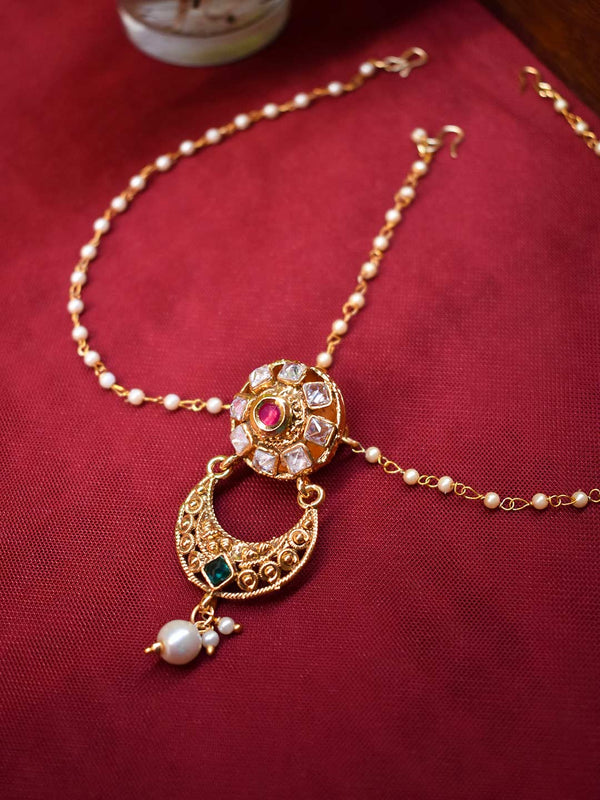Designer Gold Plated Pearl Chain Half Moon Design Kundan Stones With Hanging Pearls Matha Patti