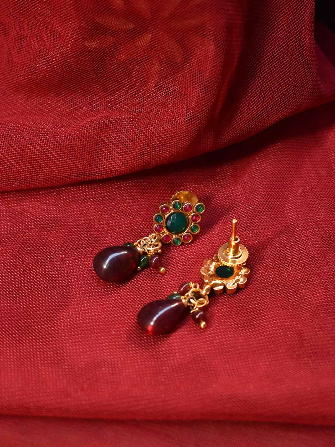 Gold Plated Tear Drop Design Pink And Green Color Stone With Hanging Beads Drop Earring